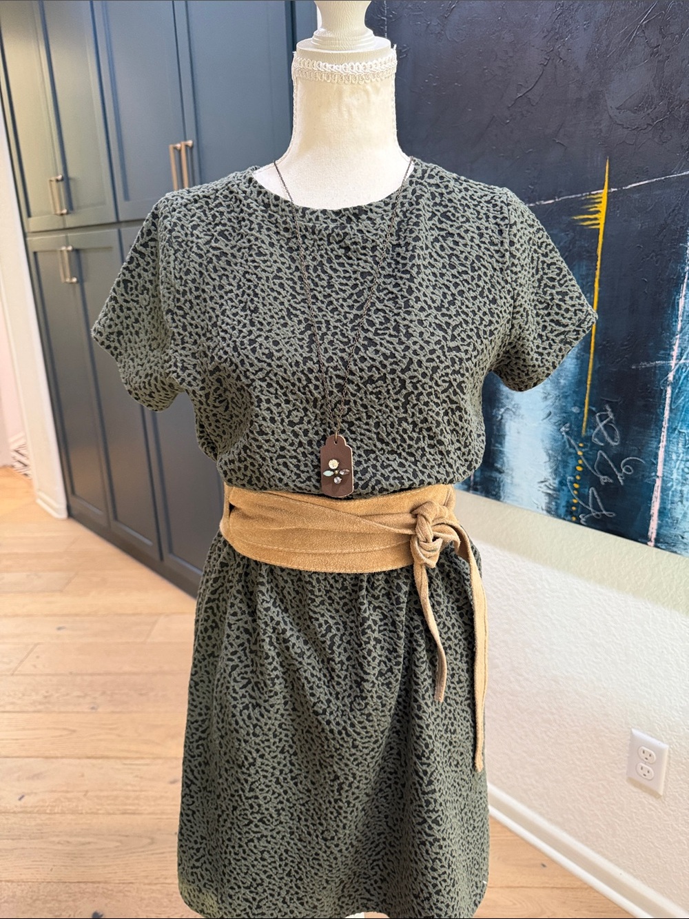 LOFT Olive Green and Black Textured Tunic Dress With Side Pockets Size Small